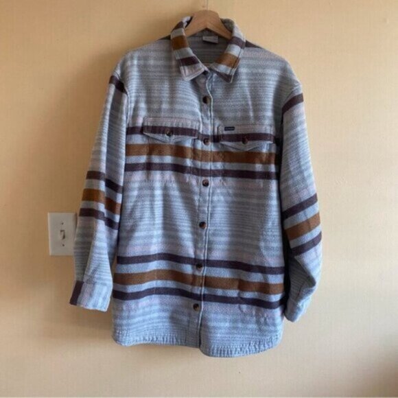 Columbia Calico Basin Shirt Jacket Shaket Woman Large Grey Stripped Pockets Cozy - Picture 2 of 16